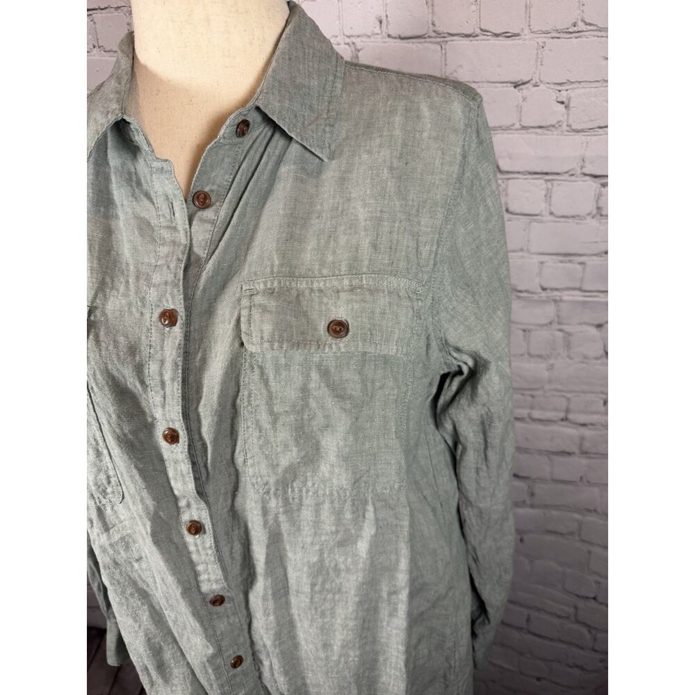 Land’s End Size Large Green Linen Long Sleeve Button Down Shirt Roll Tab - Picture 2 of 7